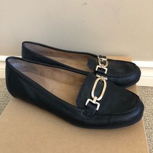 Black faux leather loafers w/ buckle detail